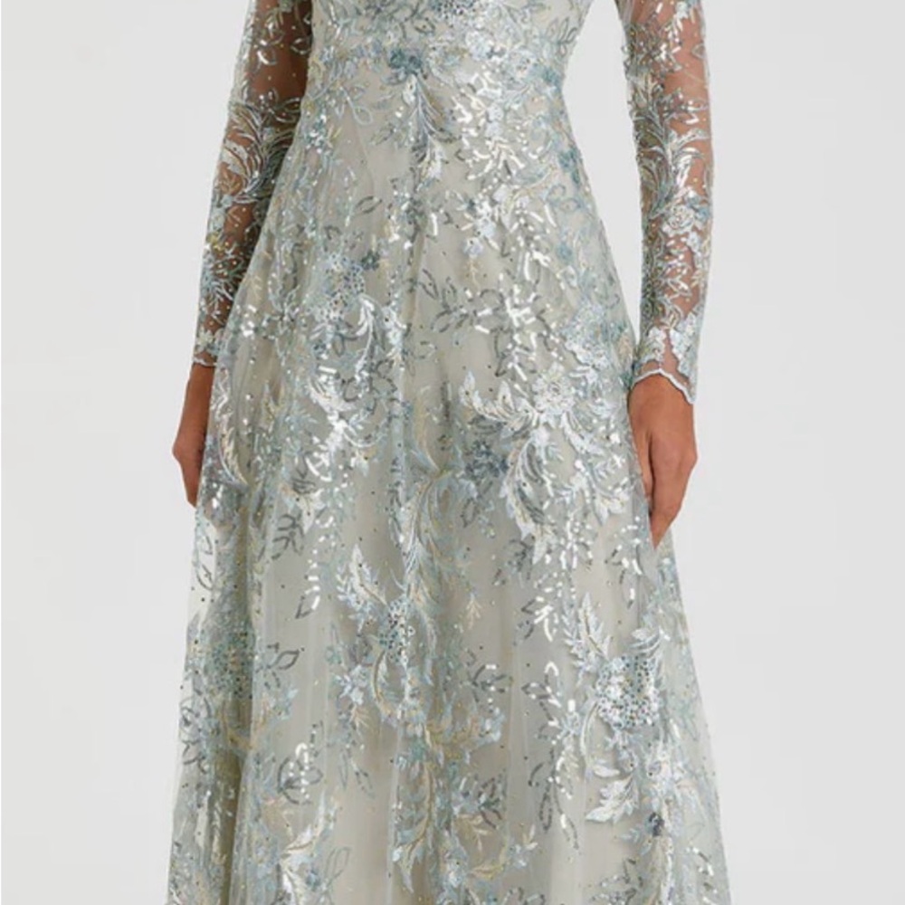 Green Floral Embroidered Illusion Long Sleeve Gown by Mac Duggal